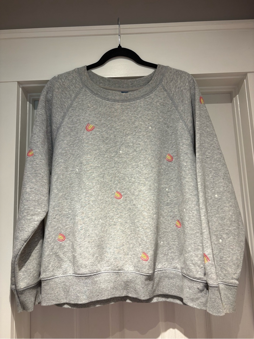 Old Navy Light Gray Crewneck Sweatshirt with Pink & Yellow Embroidery